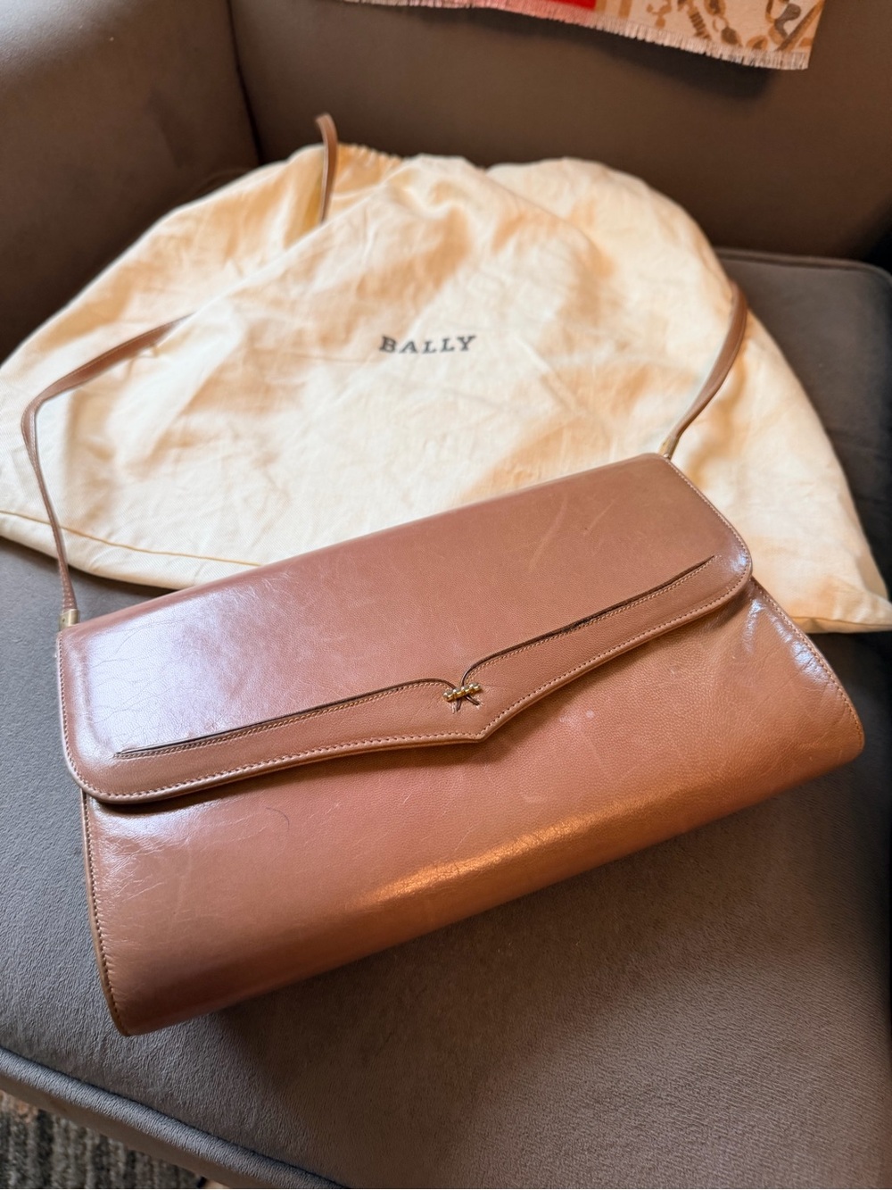 Bally Cognac Leather Crossbody Bag with Gold Bee Accent